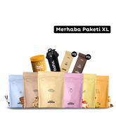Merhaba Paketi XL | x6 Öğün Tozu (Tüm aromalar) x1 Sade Fıstık Ezmesi x2 High Protein Bar (x12 Caramel Candy, x12 Chocolate Brownie) | 1 Shaker HEDİYE